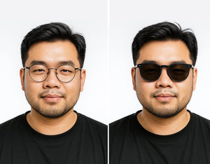 A man with a round face shape wearing Reading glasses and sunglasses side by side