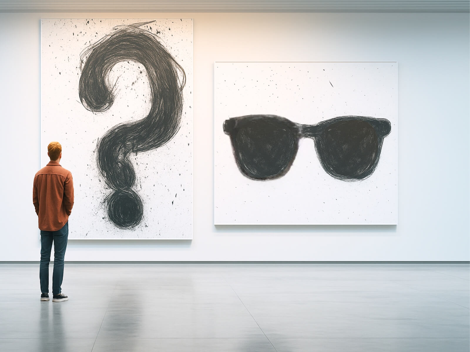 A man stands in a minimalist art gallery, observing two abstract black-and-white paintings side by side—one depicting a bold, splattered question mark and the other a loosely sketched pair of sunglasses—both evoking themes of perception and identity.