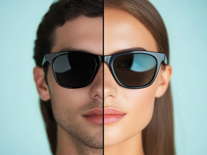 Split-screen image of a man and a woman’s half faces combined, both wearing black classic sunglasses from Faded Days’ 165mm XXL collection