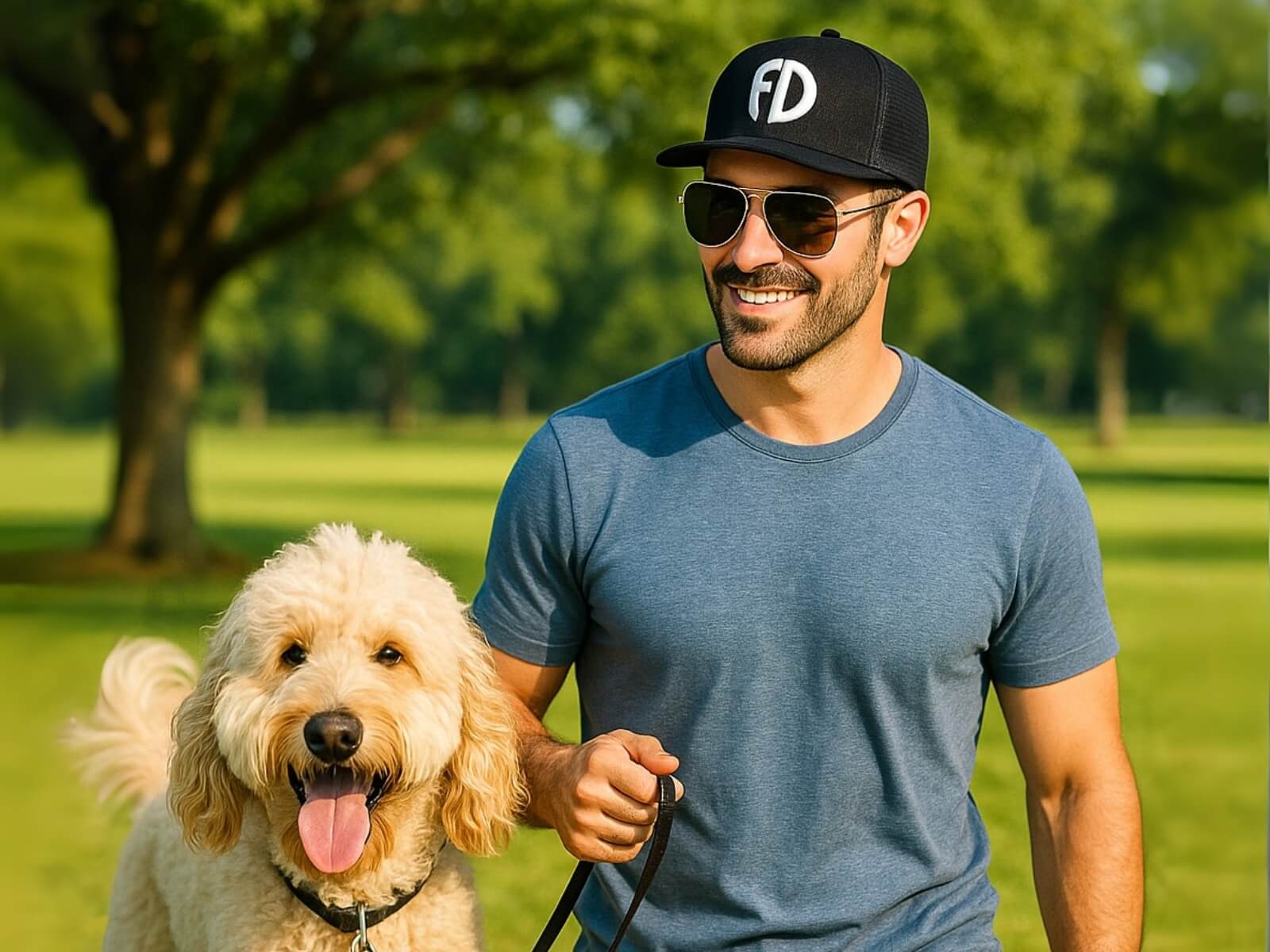 Man walking Goldendoodle in sunny park wearing FD caps for big heads and sunglasses, looking relaxed and cool.