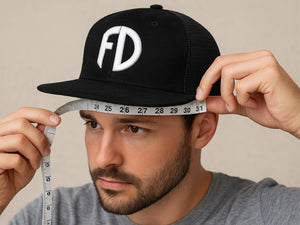 Man measuring head circumference with a flexible tape while wearing a black FD snapback hat; demonstrates proper XL hat sizing.
