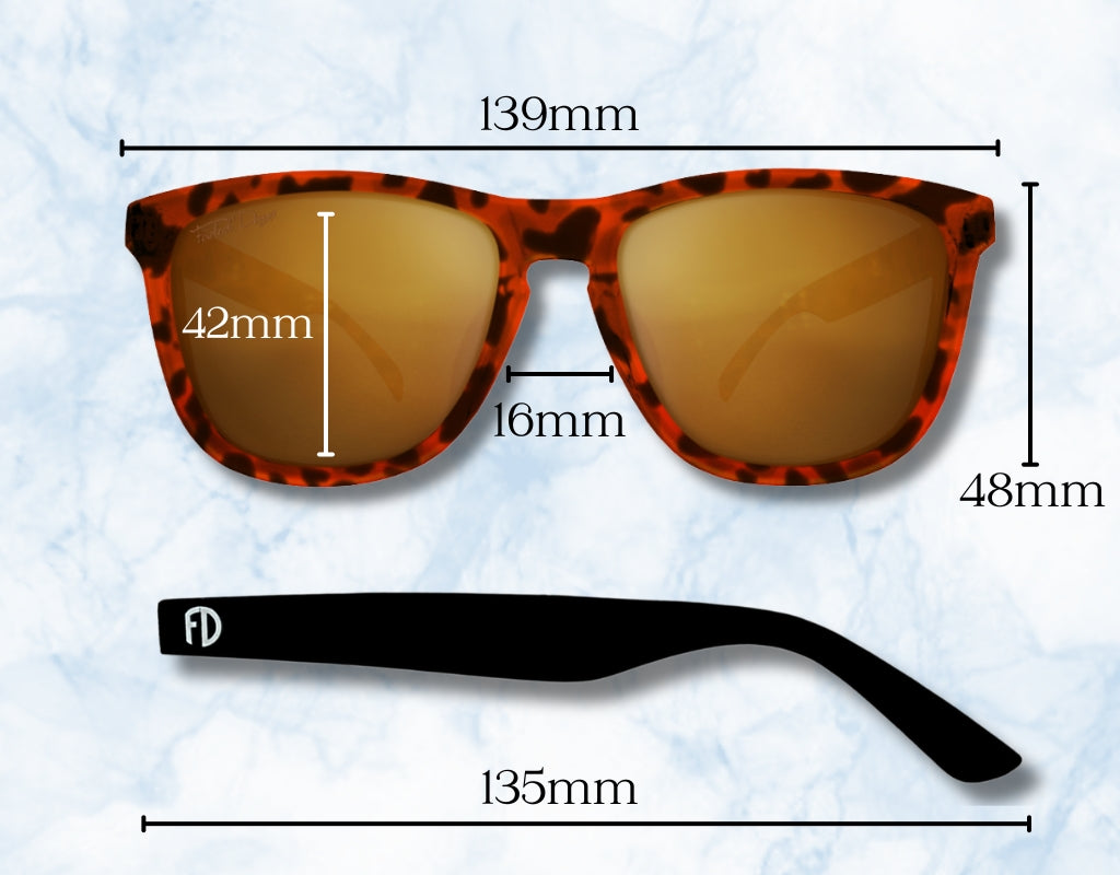 139mm hypoallergenic TR90 frame sunglasses with comprehensive sizing details.