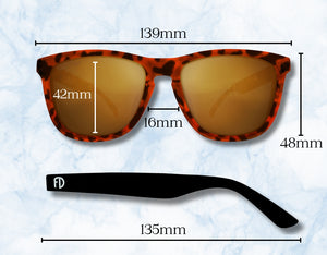 139mm hypoallergenic TR90 frame sunglasses with comprehensive sizing details.