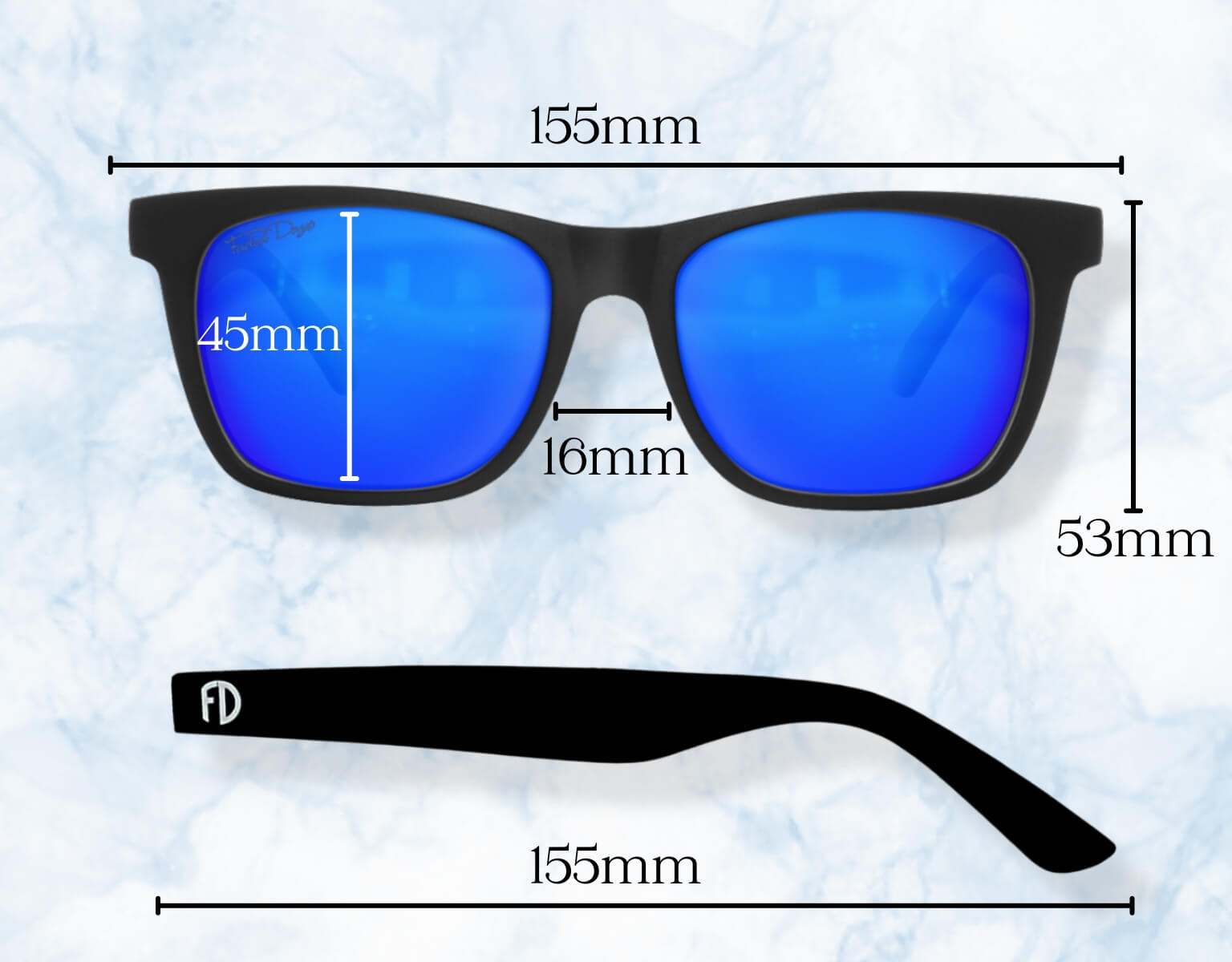 Measurement diagram of 155mm large frame sunglasses for big heads, showing lens, bridge, and arm dimensions.