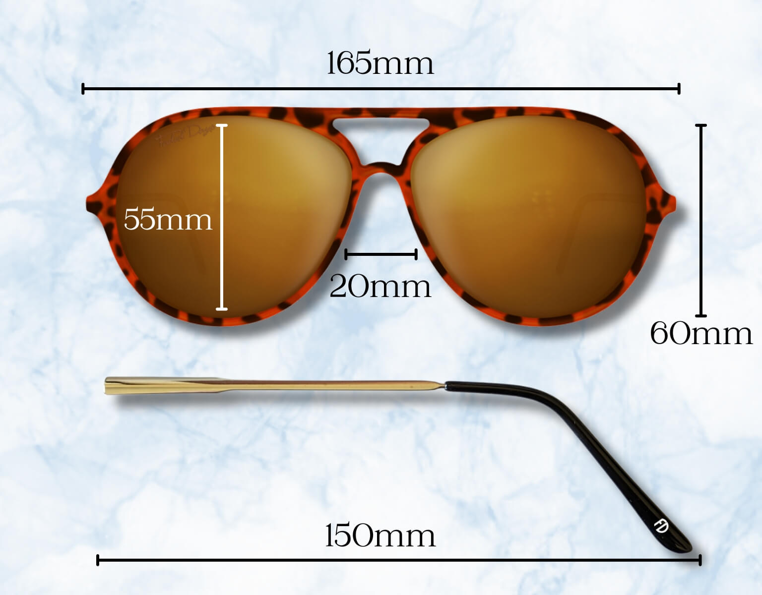Measurements of 165mm aviators for big heads – extra-wide fit frame sizing with lens and arm dimensions