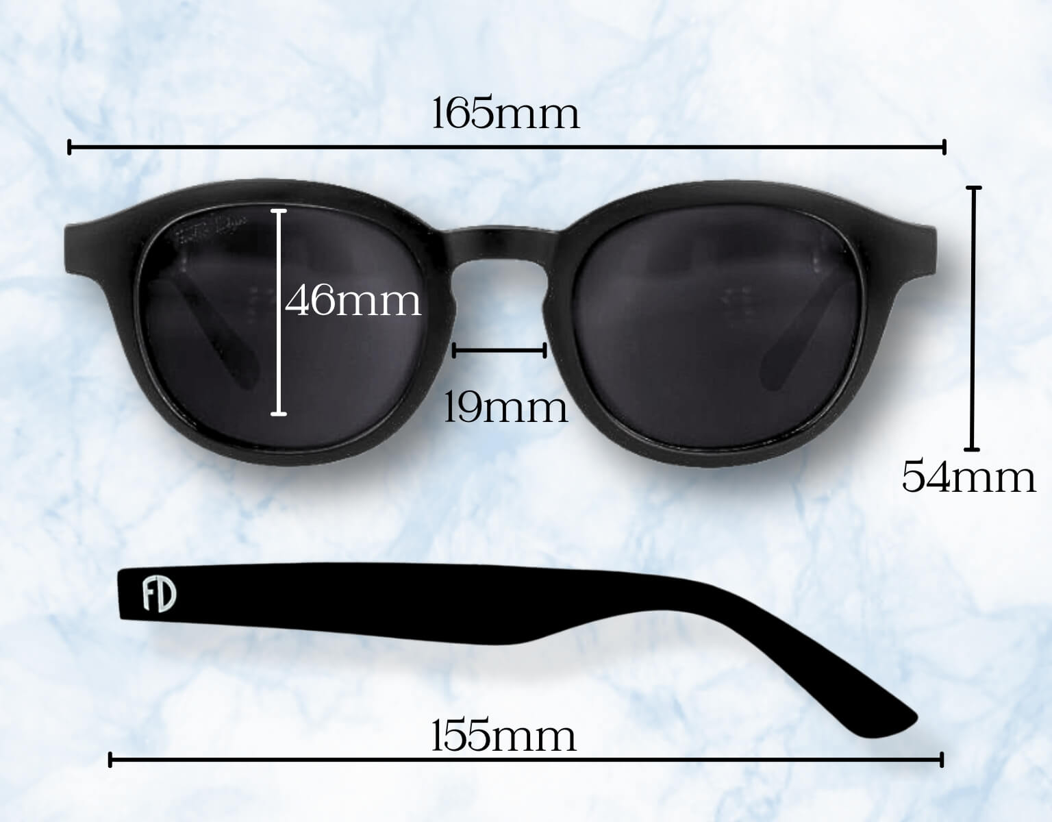 Measurements of 165mm Scholar sunglasses for wide faces – frame sizing chart with lens and arm width