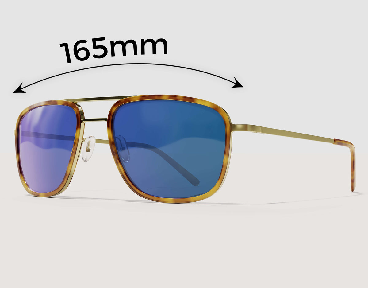 165mm The Arrival sunglasses showing 165mm frame width.