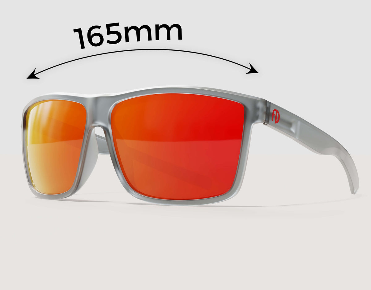 165mm sport sunglasses for big heads showing 165mm frame width.