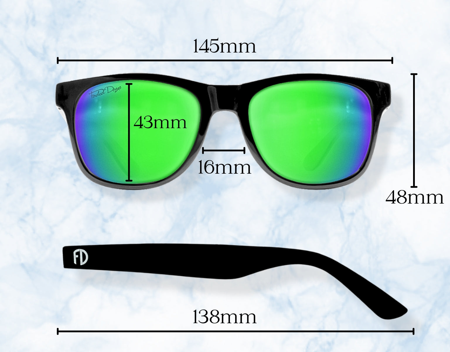 145mm large sunglasses size guide detailing frame dimensions for wider faces.