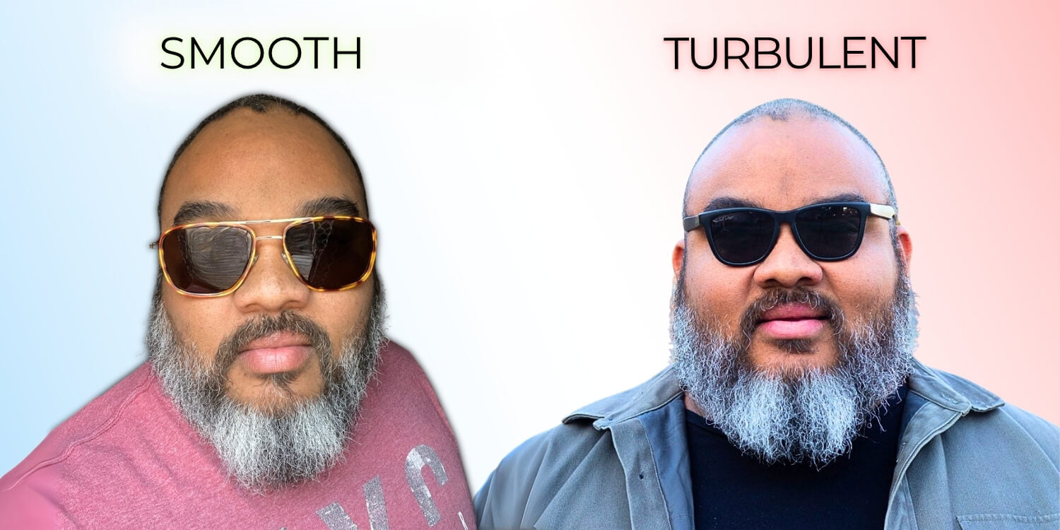 A before and after image of a man with well fitting sunglasses for a larger head and tight sunglasses That squeeze the temples.