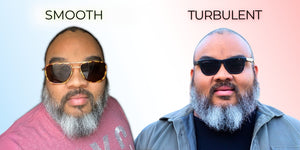 A before and after image of a man with well fitting sunglasses for a larger head and tight sunglasses That squeeze the temples.