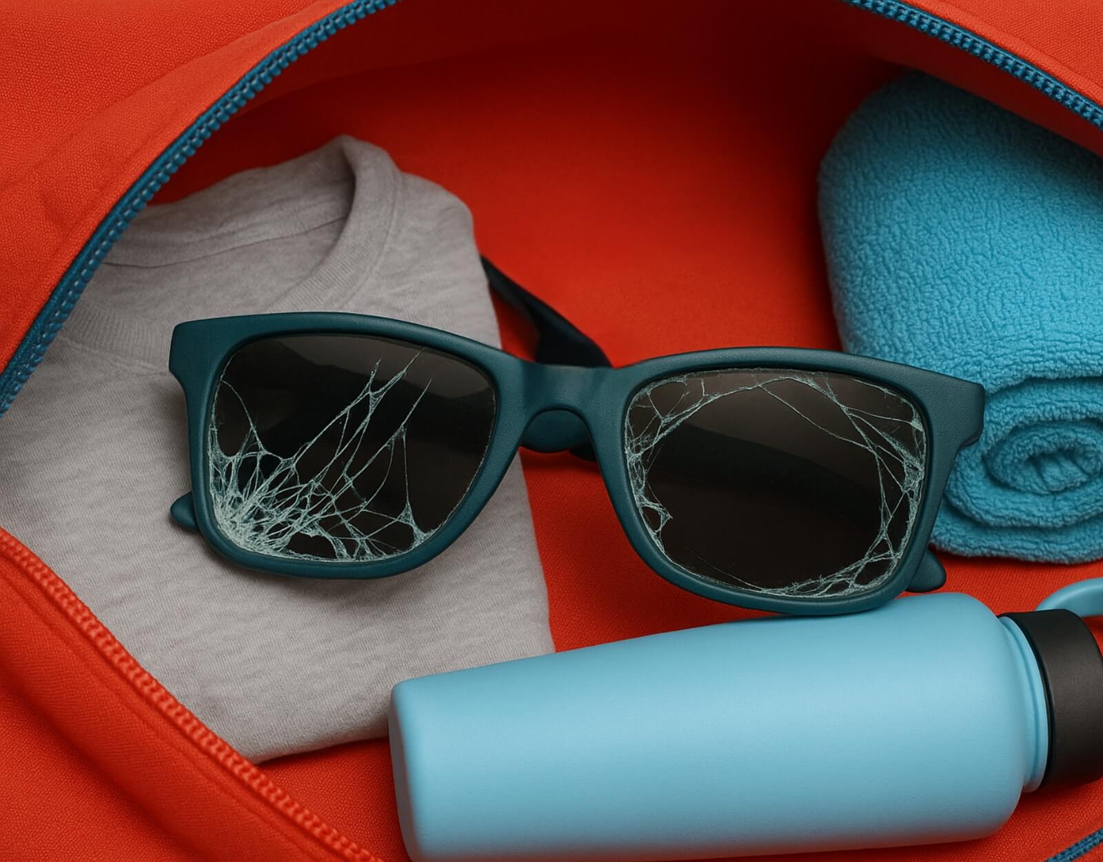 Broken oversized sunglasses with shattered lenses inside a red gym bag, surrounded by a t-shirt, towel, and water bottle.