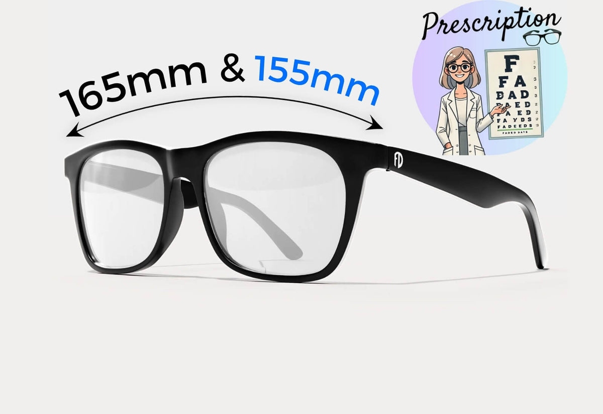 Wide frame prescription glasses available in 165mm and 155mm sizes