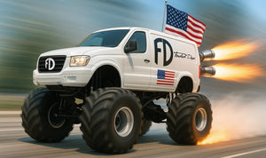 White monster truck delivery van with oversized tires and "Faded Days" branding speeds down a highway with rocket boosters firing, trailing flames and smoke. An American flag decal and waving rooftop flag emphasize patriotic theme, while motion blur highlights high-speed movement.