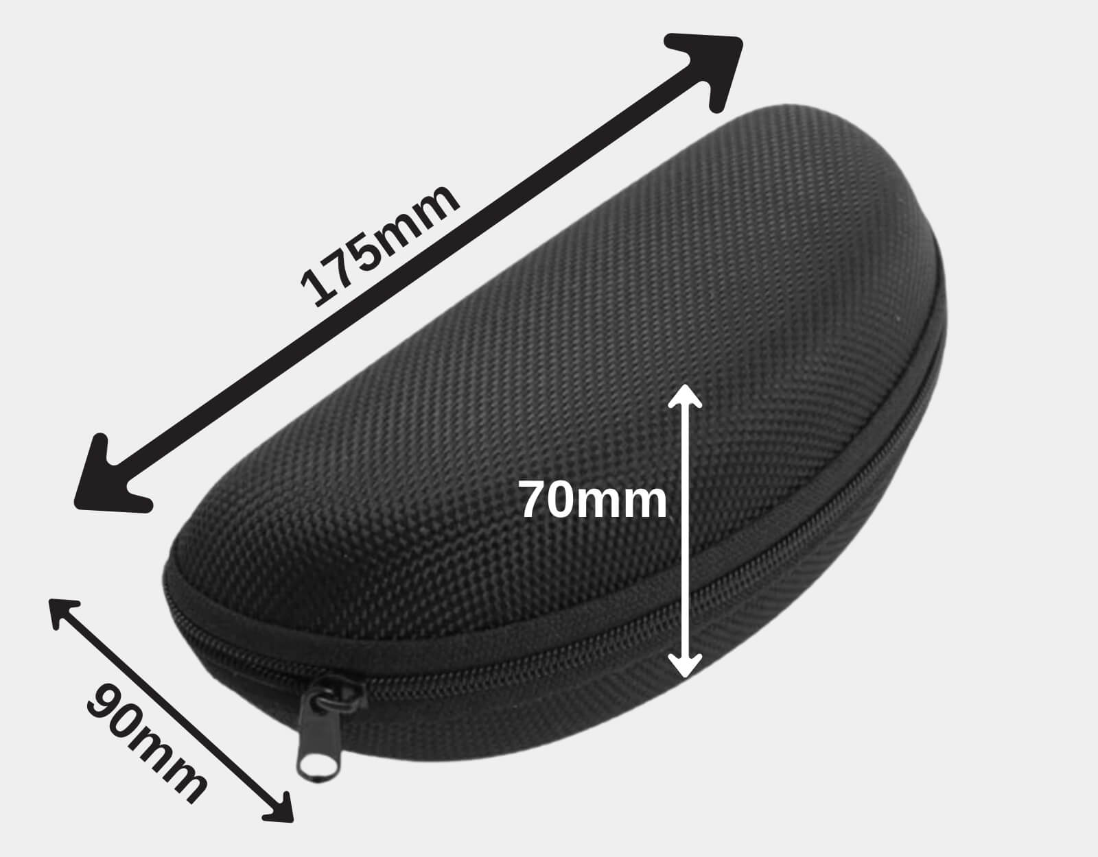Large sunglasses case with measurements to demonstrate dimensions 175mm wide