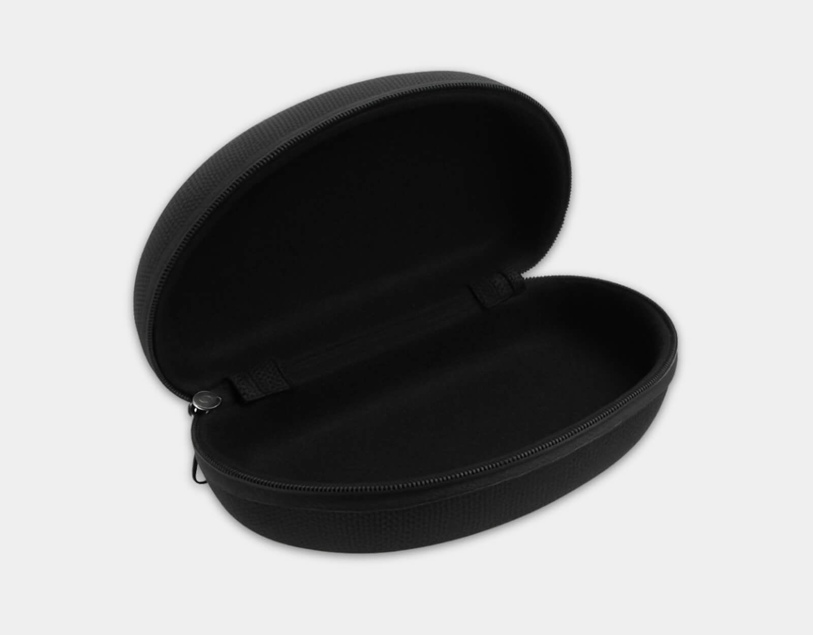 Open black clamshell large sunglasses case with a soft, padded interior and zippered closure, shown against a white background.