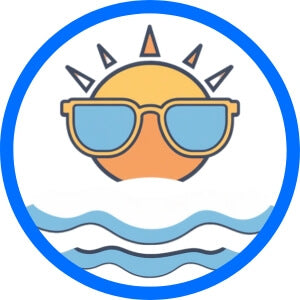 Icon of extra-wide sunglasses for big heads, floating above ocean waves with sunrays—representing real XXL fit and comfort.