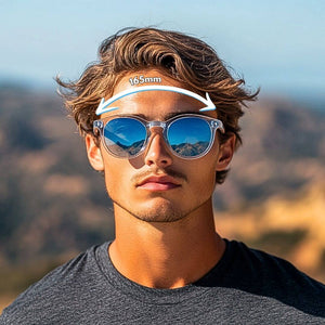 Young man wearing mirrored Faded Days 165mm sunglasses for big heads, highlighting wide fit across the forehead.