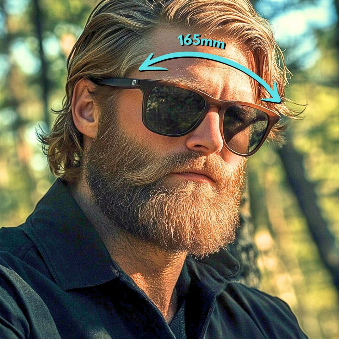 Man with a full beard wearing Faded Days 165mm sunglasses for big heads, shown outdoors with a wide fit measurement overlay.