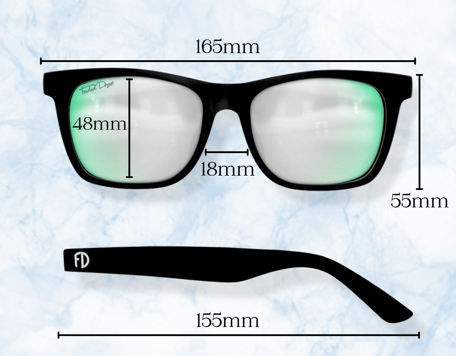 165mm XXL sunglasses size guide with frame width, lens height, and arm length for a precise fit.