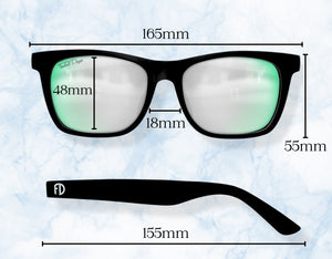 165mm XXL sunglasses size guide with frame width, lens height, and arm length for a precise fit.