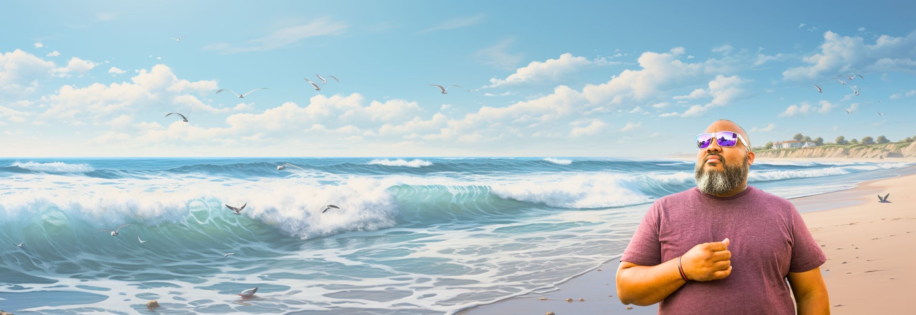 Man standing by the ocean wearing large fit sunglasses – sunglasses for large heads.