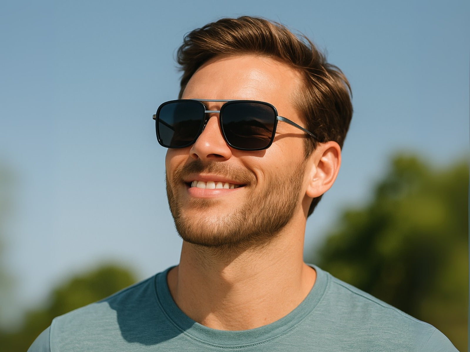 Man wearing wide sunglasses with a clear blue sky background