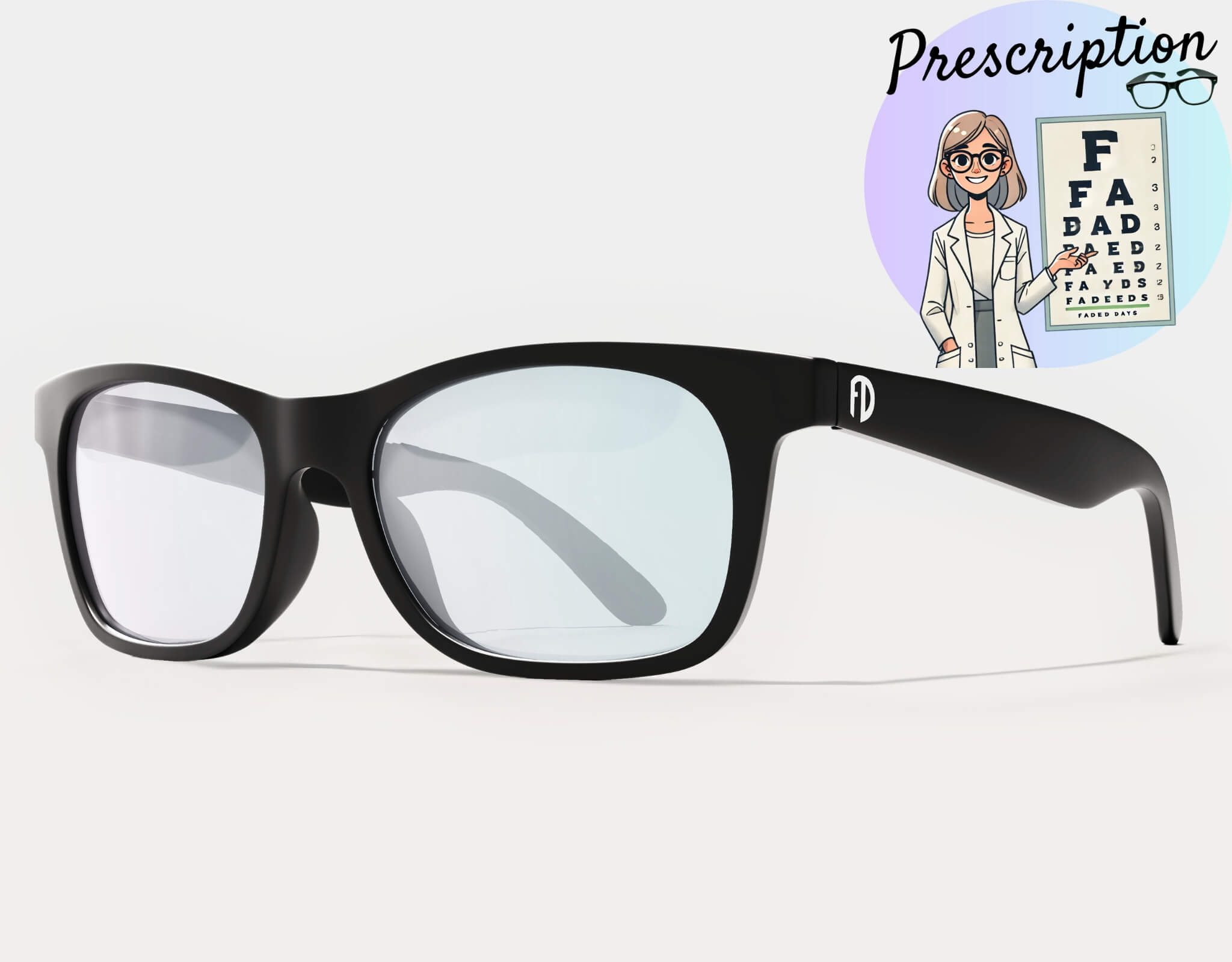 Faded Days prescription-ready black frame with clear lenses, shown with illustrated prescription graphic for wide-head sizing.