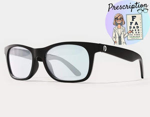 Faded Days prescription-ready black frame with clear lenses, shown with illustrated prescription graphic for wide-head sizing.