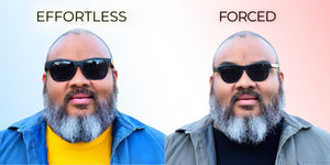 Side-by-side comparison of a man with a large head wearing sunglasses; on the left, he wears well-fitting Faded Days XXL sunglasses labeled “Effortless,” and on the right, he wears small, tight sunglasses labeled “Forced,” visibly highlighting the difference in comfort and fit.