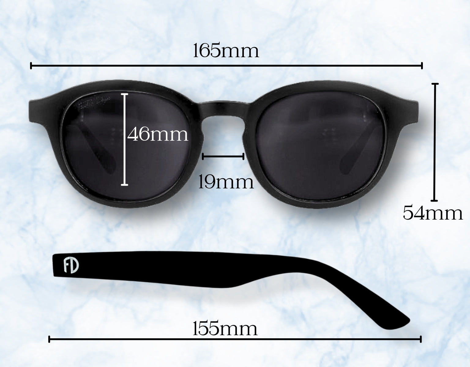 165mm The Scholar sunglasses featuring full sizing details including bridge width and temple length.