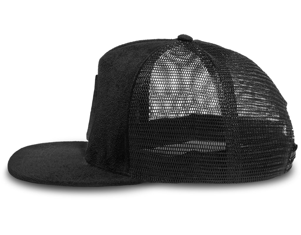 Side profile of XXL baseball cap for big heads with black embroidered logo