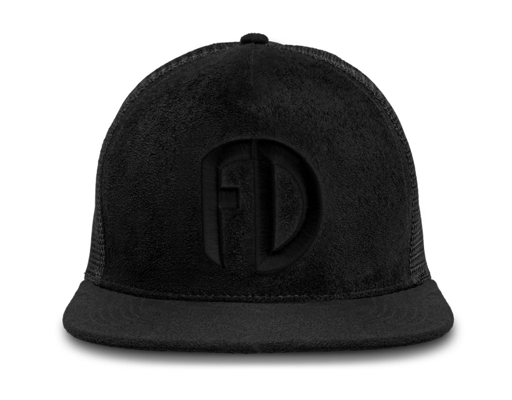 Big head hat with black logo, suede front panel, and breathable mesh – front-facing angle