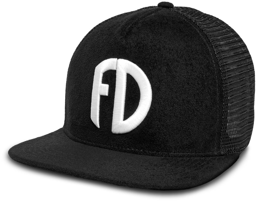 Black suede hat for large heads with white embroidered logo – 45-degree angle