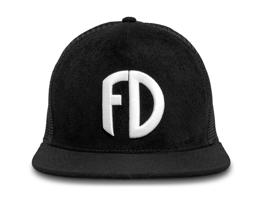 Big head hat with white embroidered logo, black suede front panel – front-facing angle