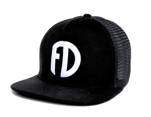 Big head hat with breathable mesh back and structured front panel, finished with bold FD embroidery angle view.