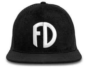 Black flatbill snapback hat for big heads featuring embroidered FD logo—designed for comfort and style.