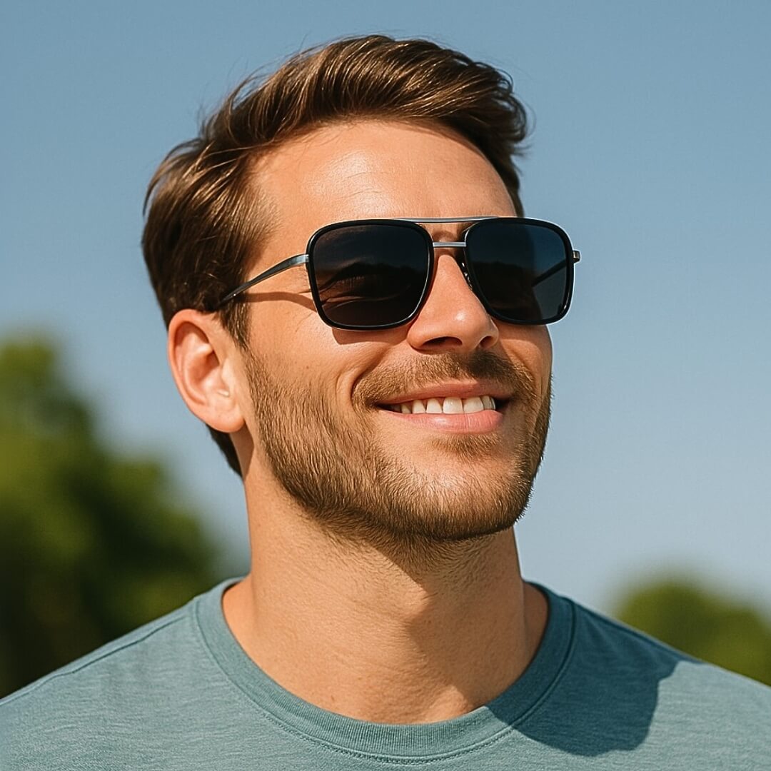 Smiling man with neatly styled hair wearing black big sunglasses for big heads, standing outdoors in natural sunlight.