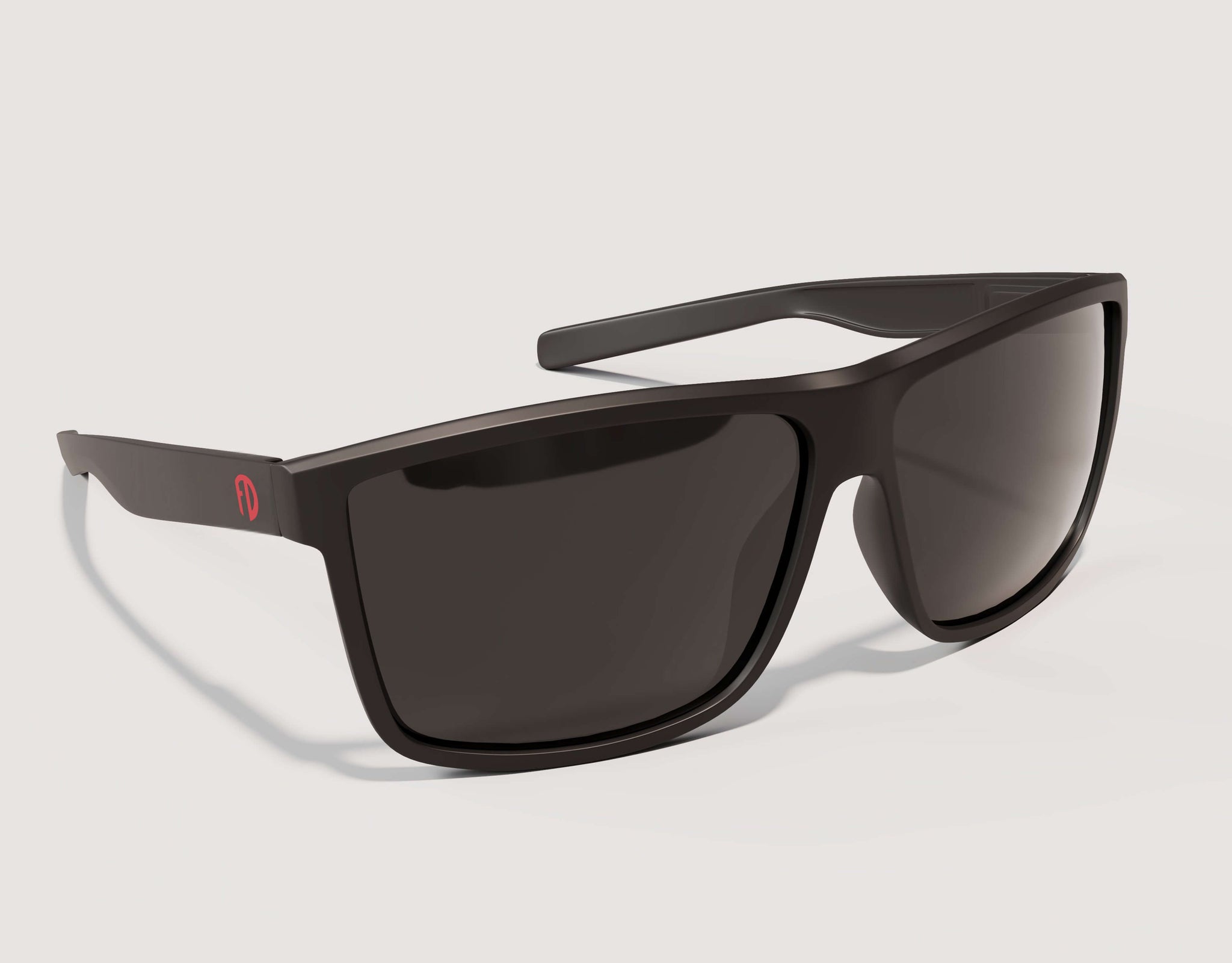 Shades for big heads with dark lenses and a brand logo on a light gray background