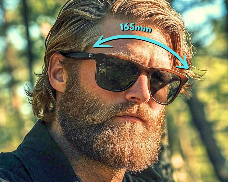 Man wearing 165 mm sunglasses from Faded Days — designed for larger heads.