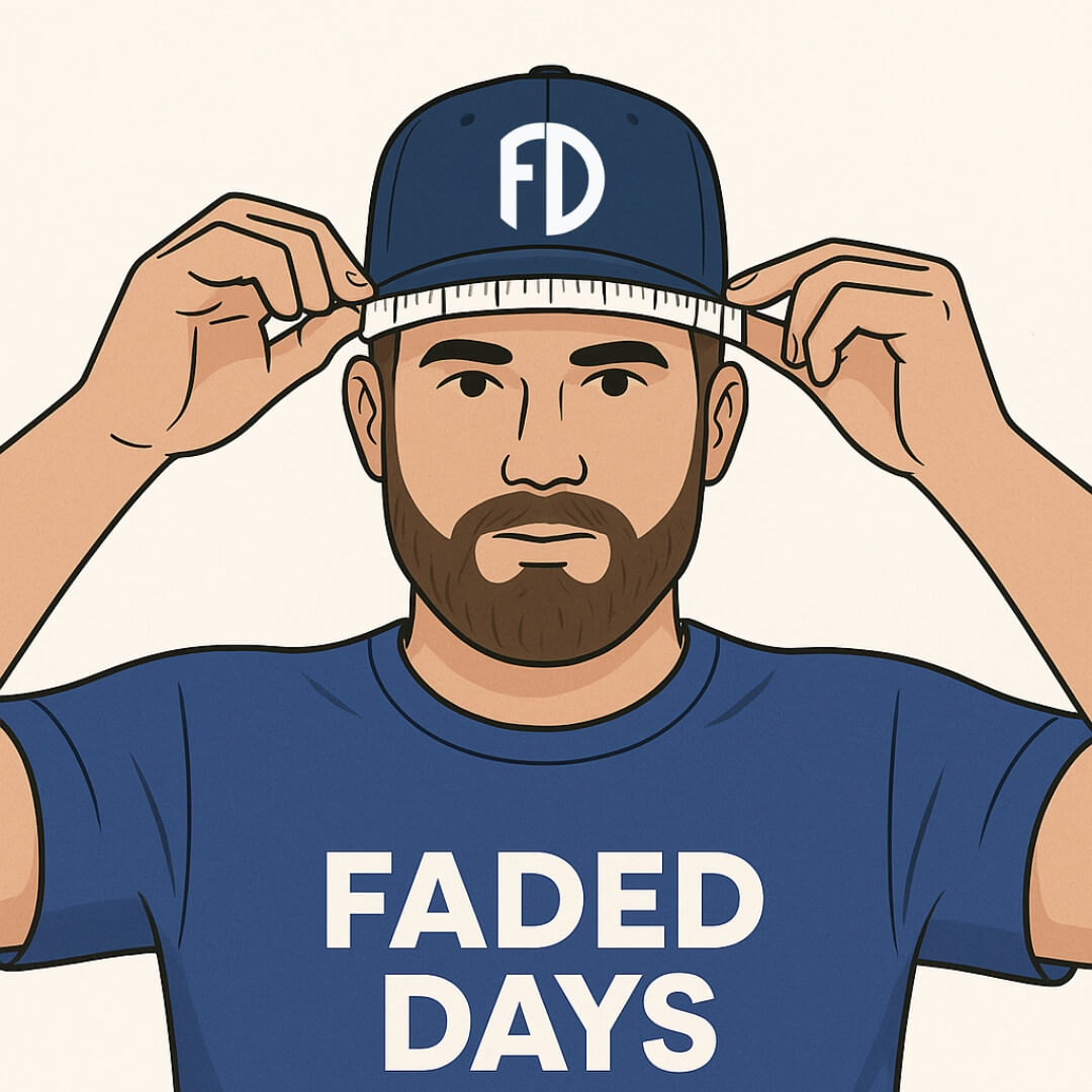 Digital illustration of a man in a Faded Days cap and t-shirt using a white measuring tape to wrap around the front of his cap, demonstrating how hat size can be used to find the correct sunglasses fit for big heads.
