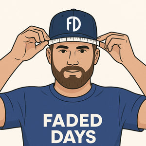 Digital illustration of a man in a Faded Days cap and t-shirt using a white measuring tape to wrap around the front of his cap, demonstrating how hat size can be used to find the correct sunglasses fit for big heads.