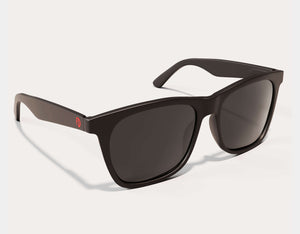Black sunglasses with dark lenses on a white background