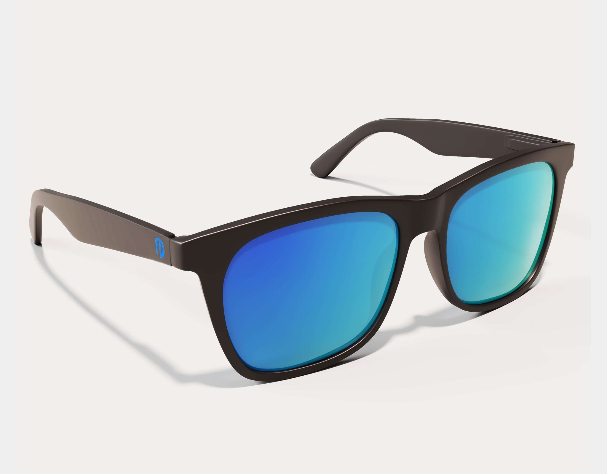 Sunglasses with blue reflective lenses and brown frame on a white background
