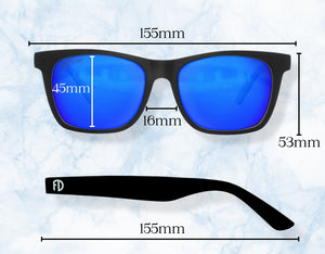 155mm XL sunglasses measurement chart showcasing oversized frame specifications.