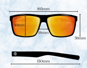 165mm sport sunglasses with dimensions covering frame width and arm length for active lifestyles.